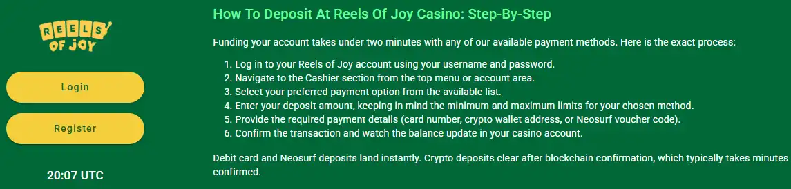 Reels of Joy deposit methods in the current cashier