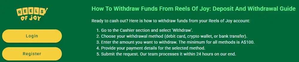 Current Reels of Joy withdrawal and cashout information