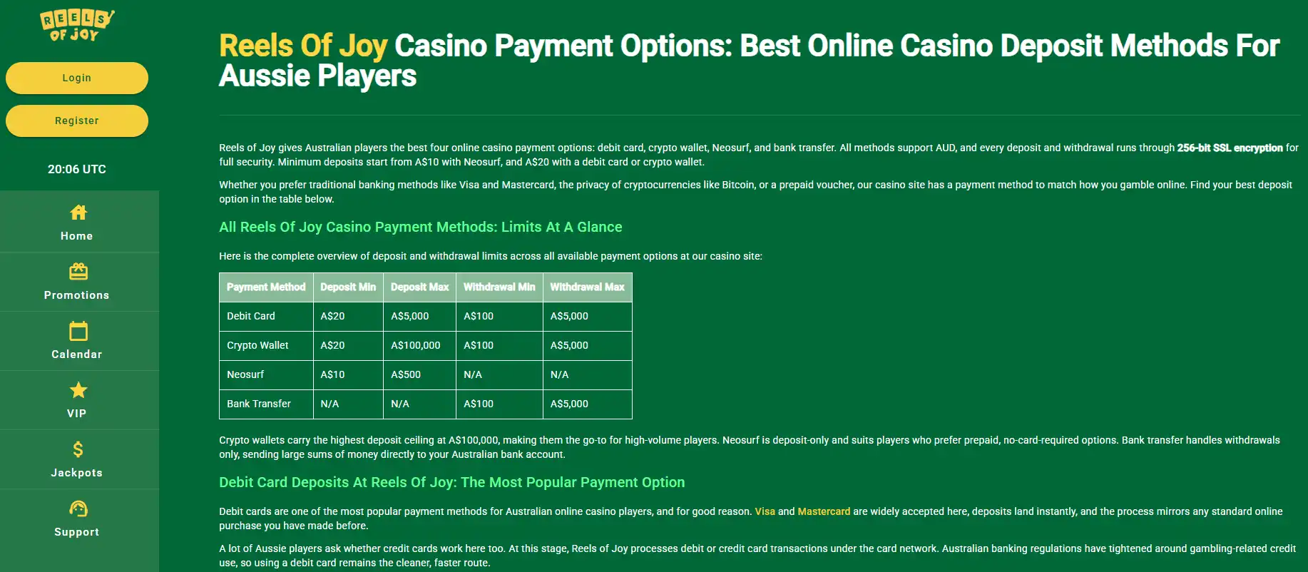 Reels of Joy Payments Australia: AUD, Cards, Bitcoin & Neosurf