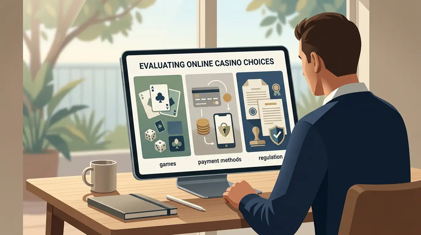 Editorial illustration of an Australian reader comparing casino games, payments and regulation